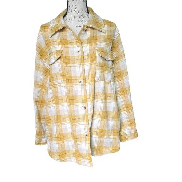 Vanilla Bay Women's Sz Large Yellow White Plaid Fringe Back Button Down Flannel - Picture 1 of 5